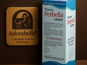 Perbella Lotion box displayed beside Adorabella golden logo, a skincare product designed for anti-acne and skin protection in Bangladesh