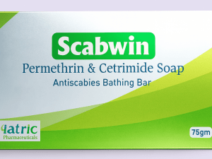 Scabwin soap bar with packaging containing Permethrin and Cetrimide, 75gm, by Iatric Pharmaceuticals.