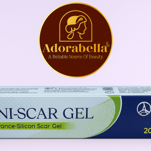 Uni-Scar Gel 20gm tube and box on white table with Adorabella logo and green natural background