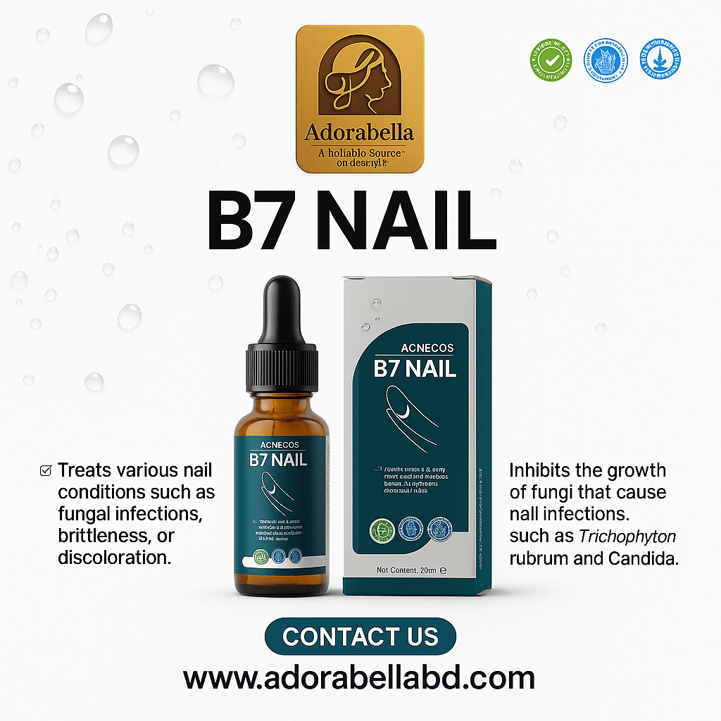 Adorabella Acnecos B7 Nail Serum bottle and packaging displayed on white background with product benefits