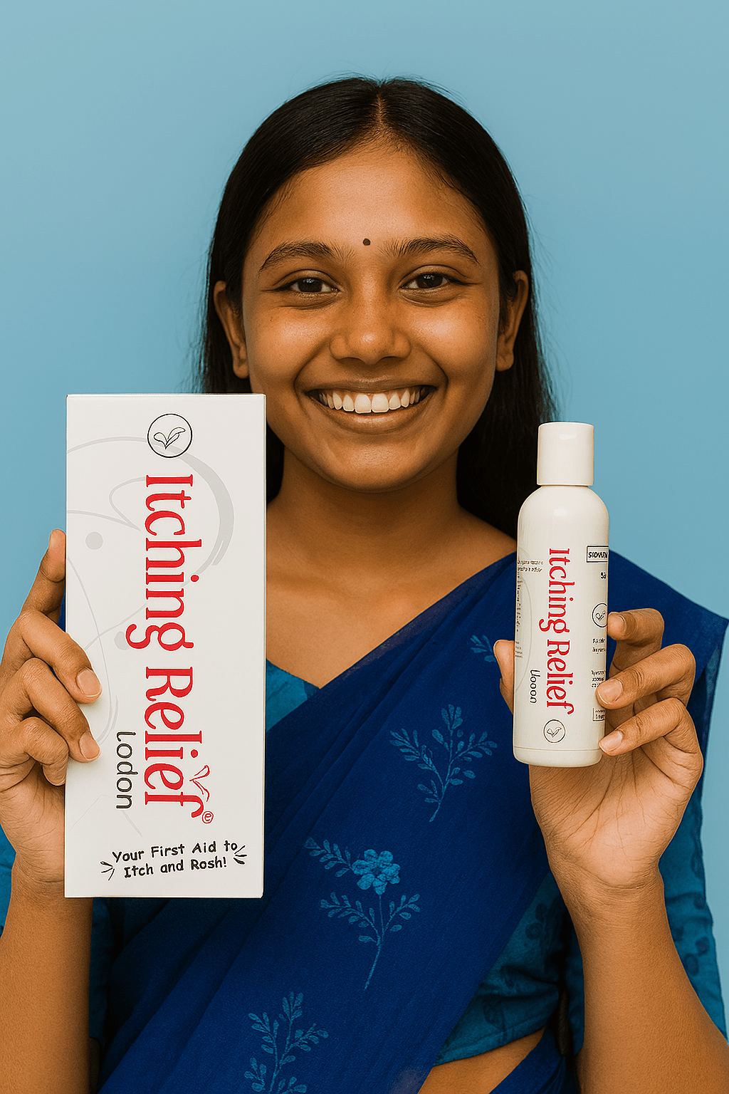 Home 4 Smiling Bangladeshi girl in blue saree holding Itching Relief Lotion and packaging
