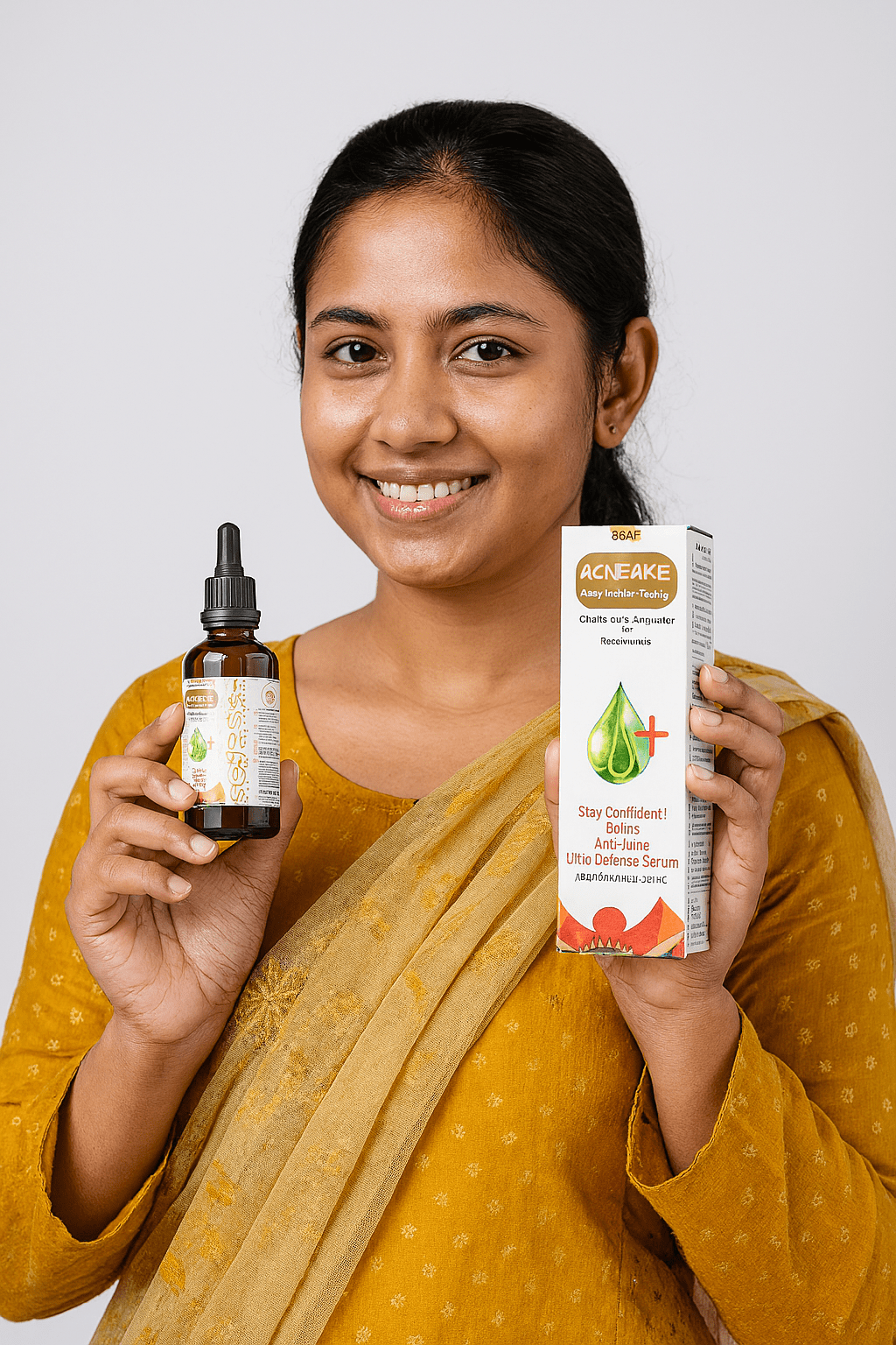Home 7 Bangladeshi woman in mustard salwar kameez holding Acne Axe Anti-Acne Serum and box