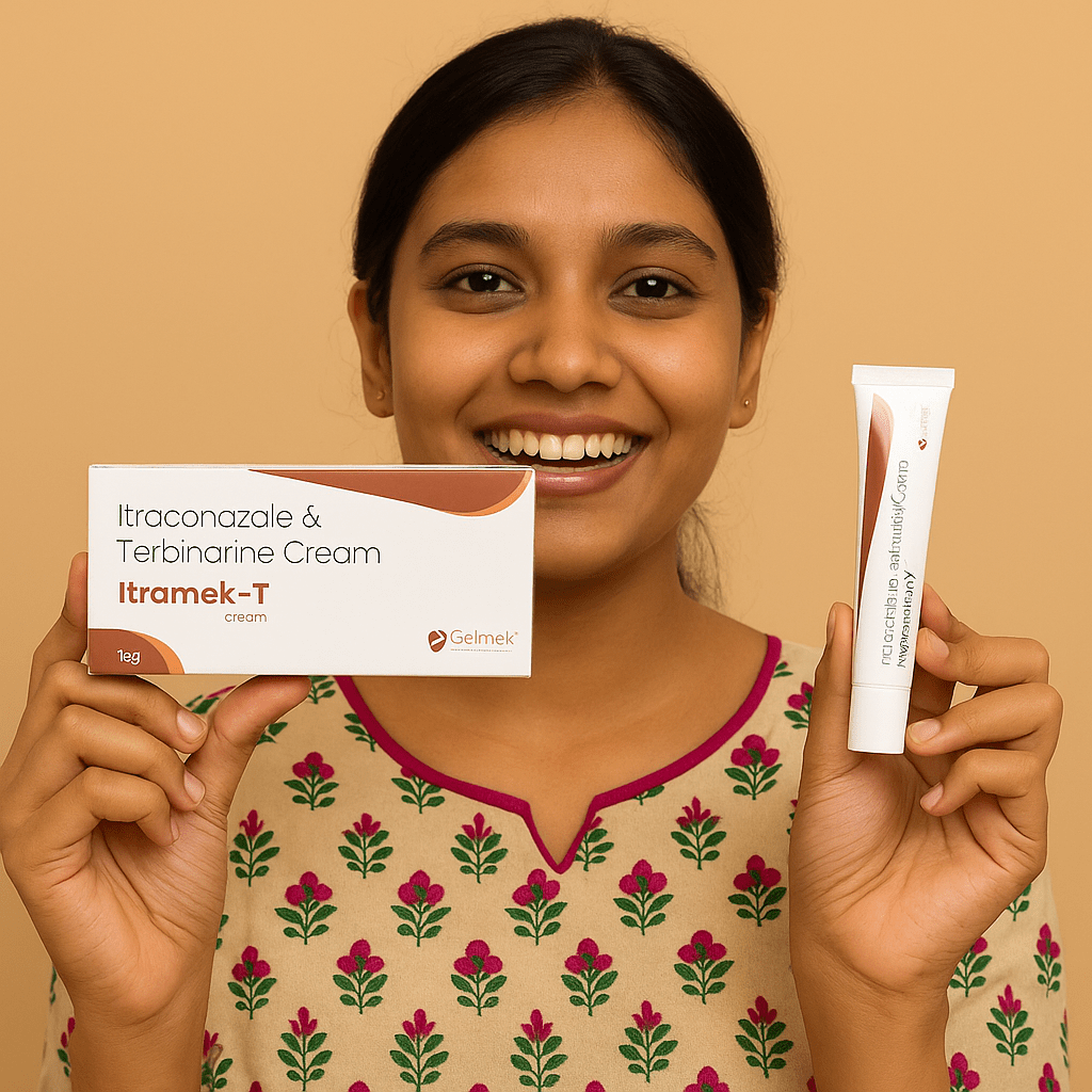 Home 6 Smiling Bangladeshi woman holding Itramek-T antifungal cream and packaging against a beige background