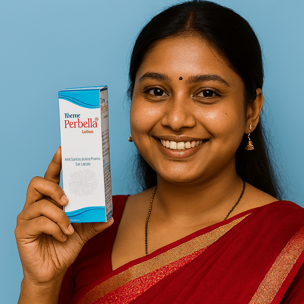 Home 5 Smiling Bangladeshi woman in red saree holding Theme Perbella Lotion for anti-scabies and anti-pruritic skin care