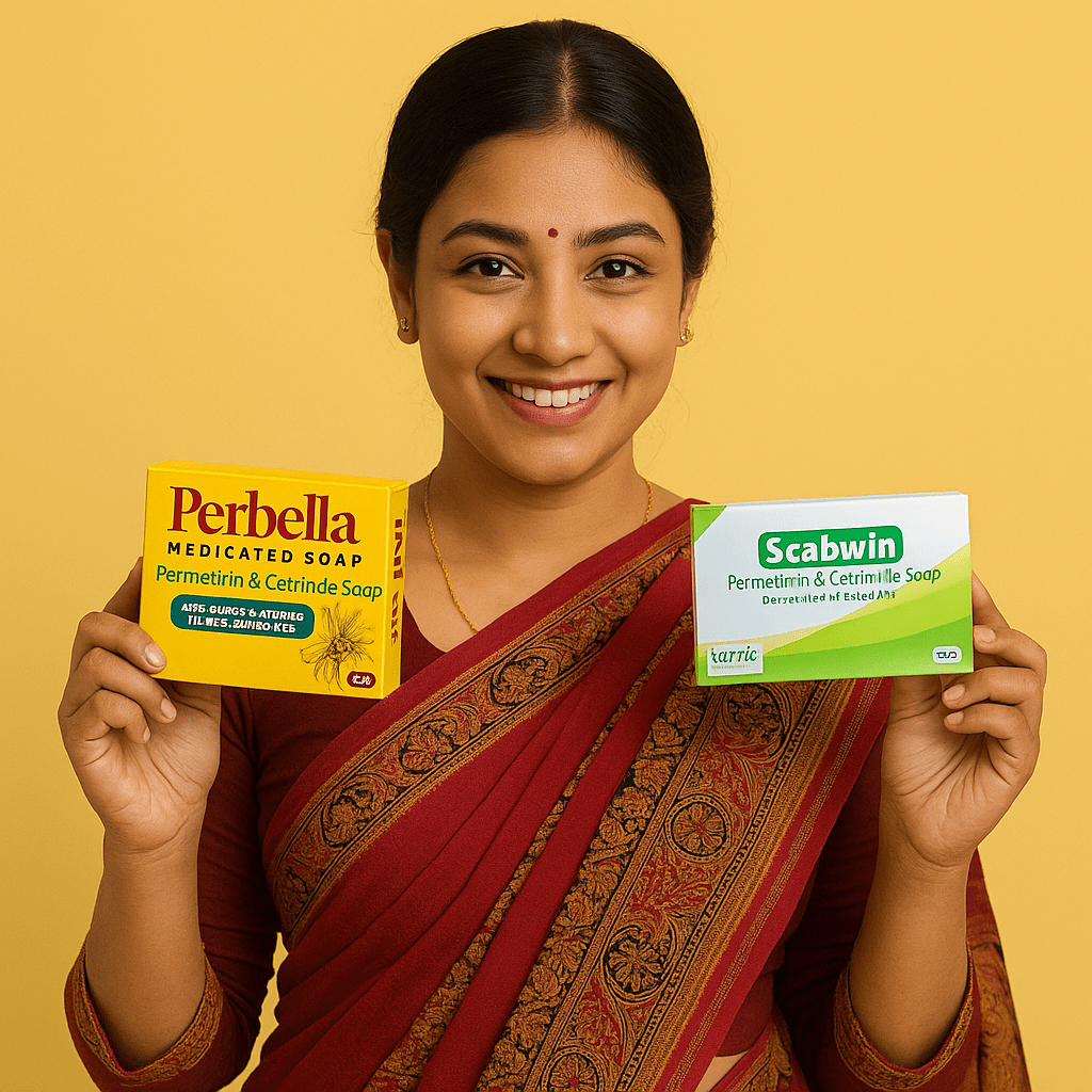Home 8 Bangladeshi woman in traditional saree happily holding Perbella and Scabwin medicated soap