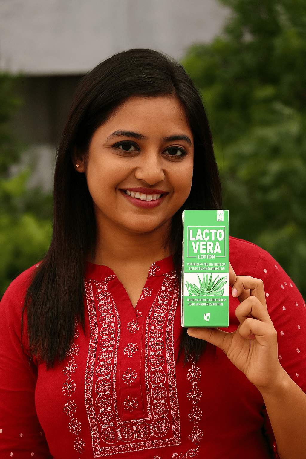Home 9 Happy Bangladeshi woman holding Lacto Vera Whitening Moisturizing Lotion with smile